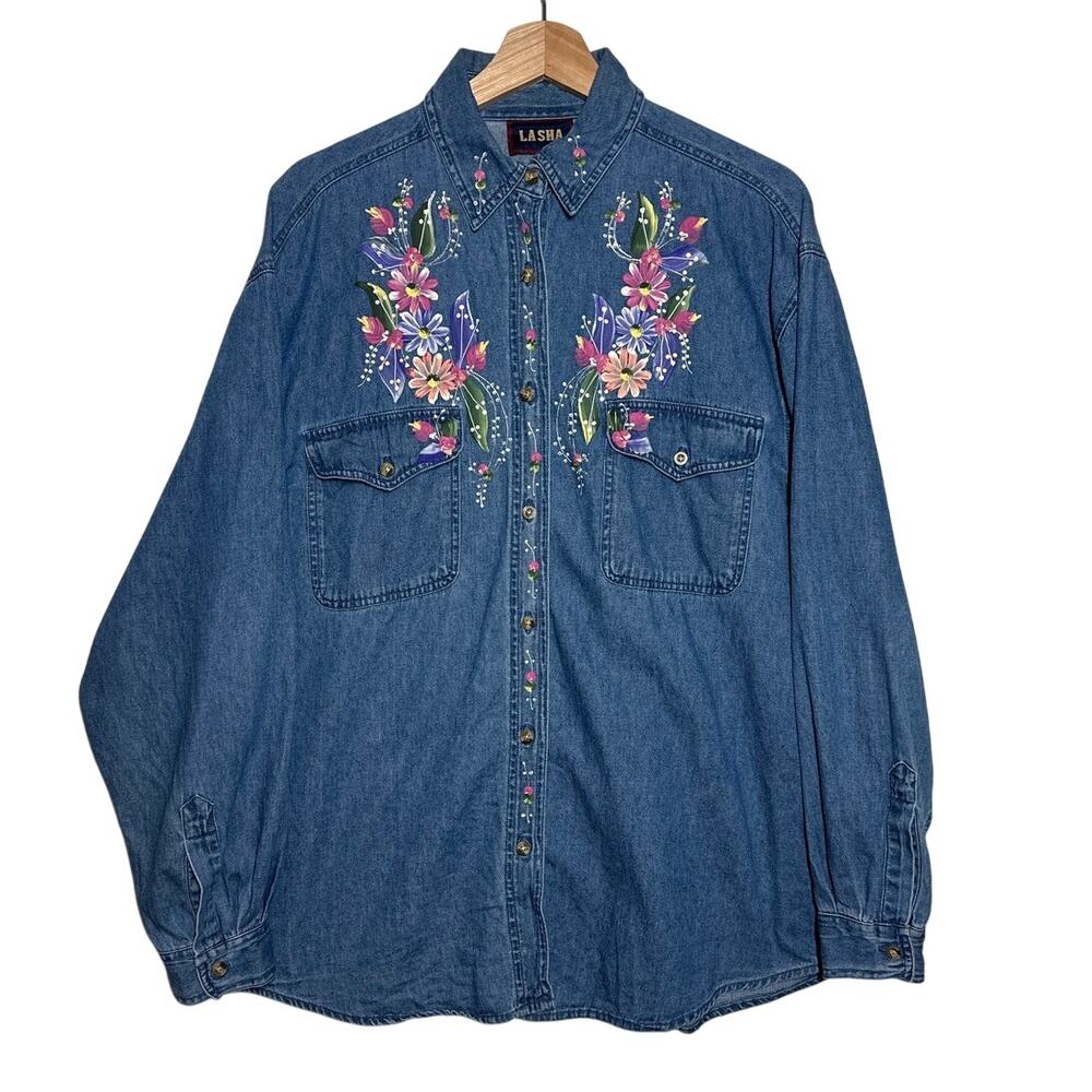 Vintage LaSha Floral Painted Button Up Blue Denim Shirt Sz L Artsy Western 90s